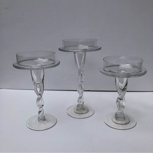 SET OF THREE TWISTED GLASS PILLAR HOLDERS CANDLE 8", 7",6" ELEGANT TWISTED GLASS